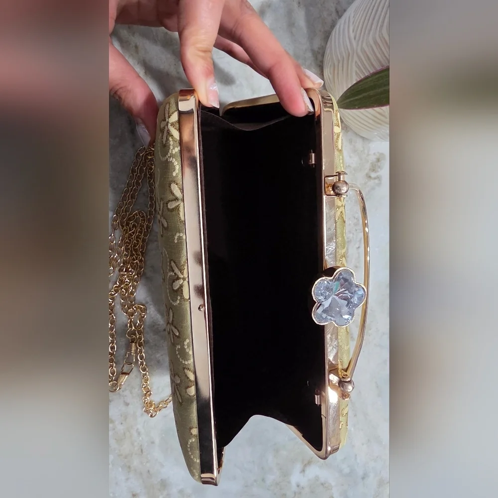 Gold Floral Box Clutch w/ Top Handle + Detachable Chain Strap